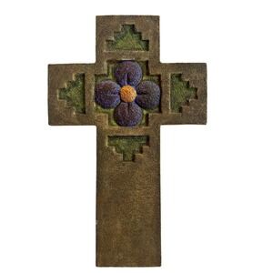 Southwestern Wall Cross Brown Stone Look Purple‎ Flower Religious Decor Rustic